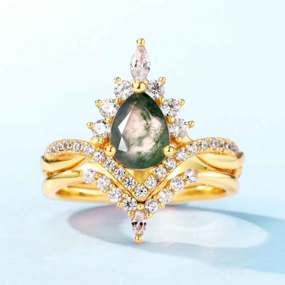 IfShe Pear Shaped Moss Agate Engagement & Wedding Ring Set – 6×8 mm Natural Green Gem in 925 Sterling Silver with 10 k Gold & White Gold Plating