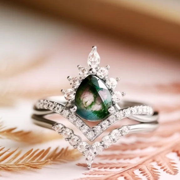 IfShe Pear Shaped Moss Agate Engagement & Wedding Ring Set – 6×8 mm Natural Green Gem in 925 Sterling Silver with 10 k Gold & White Gold Plating