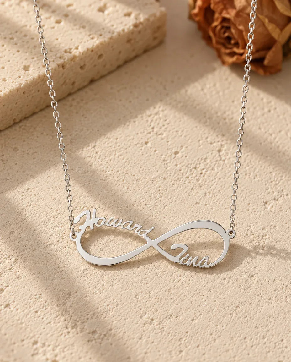 Infinity Two Names Necklace - front view in silver