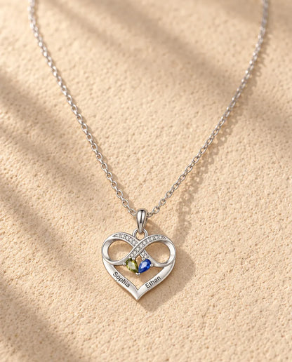 Silver infinity heart birthstone necklace with two engraved names