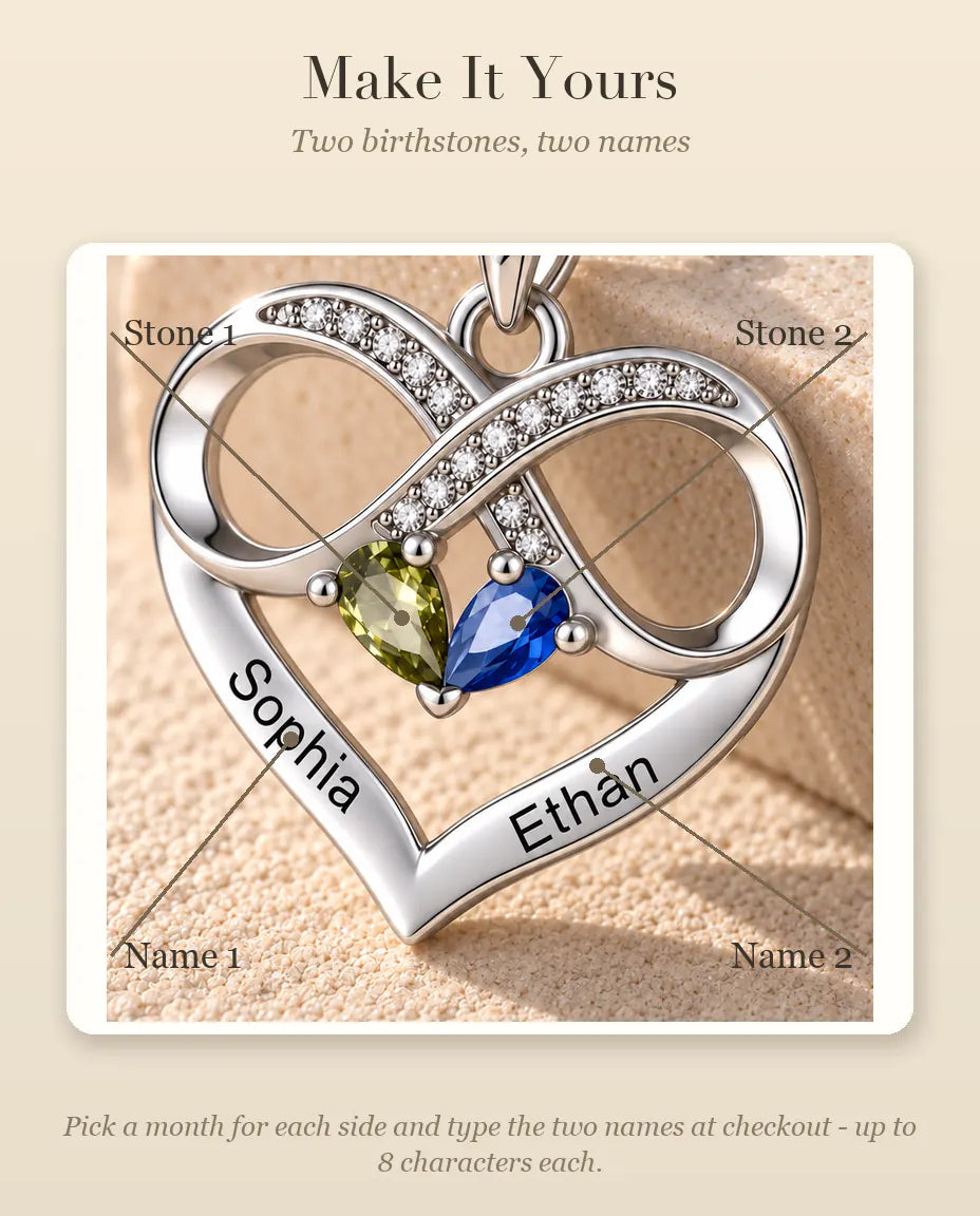 How to personalize the necklace with two birthstones and two names