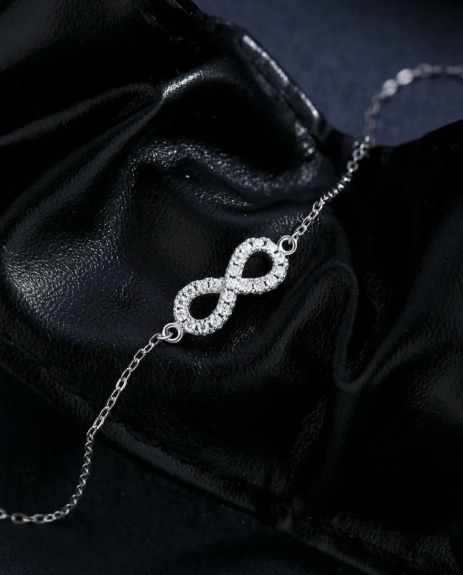 Infinity moissanite bracelet, D color pave infinity symbol, 925 sterling silver