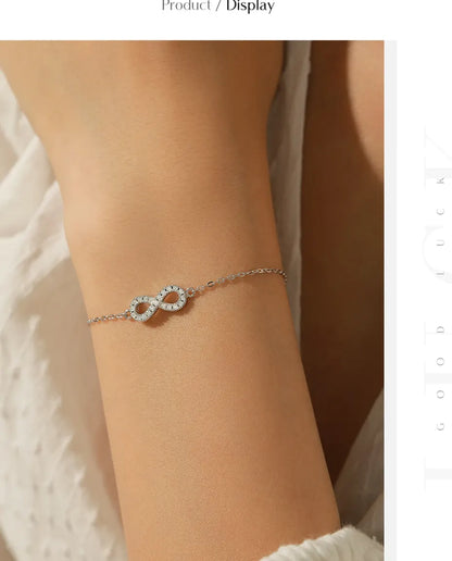 Infinity moissanite bracelet, D color pave infinity symbol, 925 sterling silver