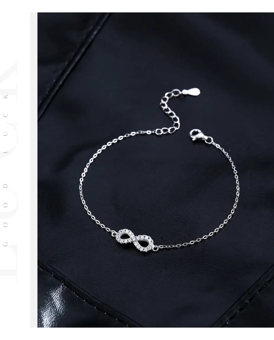 Infinity moissanite bracelet, D color pave infinity symbol, 925 sterling silver