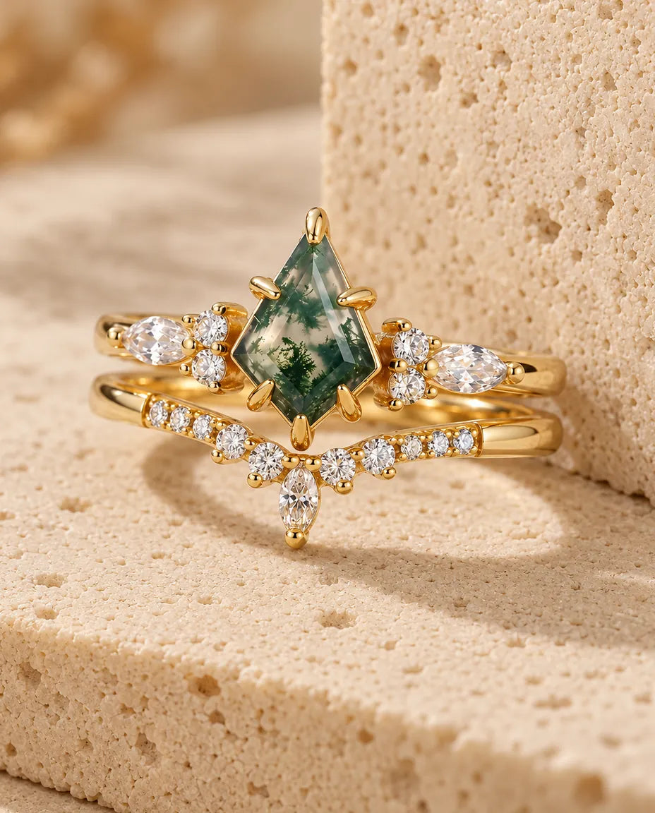 Kite Cut Moss Agate Ring Set - the complete set