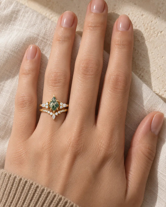 Kite Cut Moss Agate Ring Set - worn on the hand