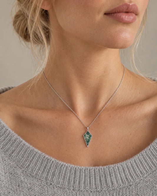 Moss Agate Jewelry Set - worn on a model