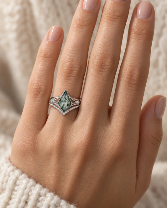 Moss Agate Wedding Ring Set - worn on the hand
