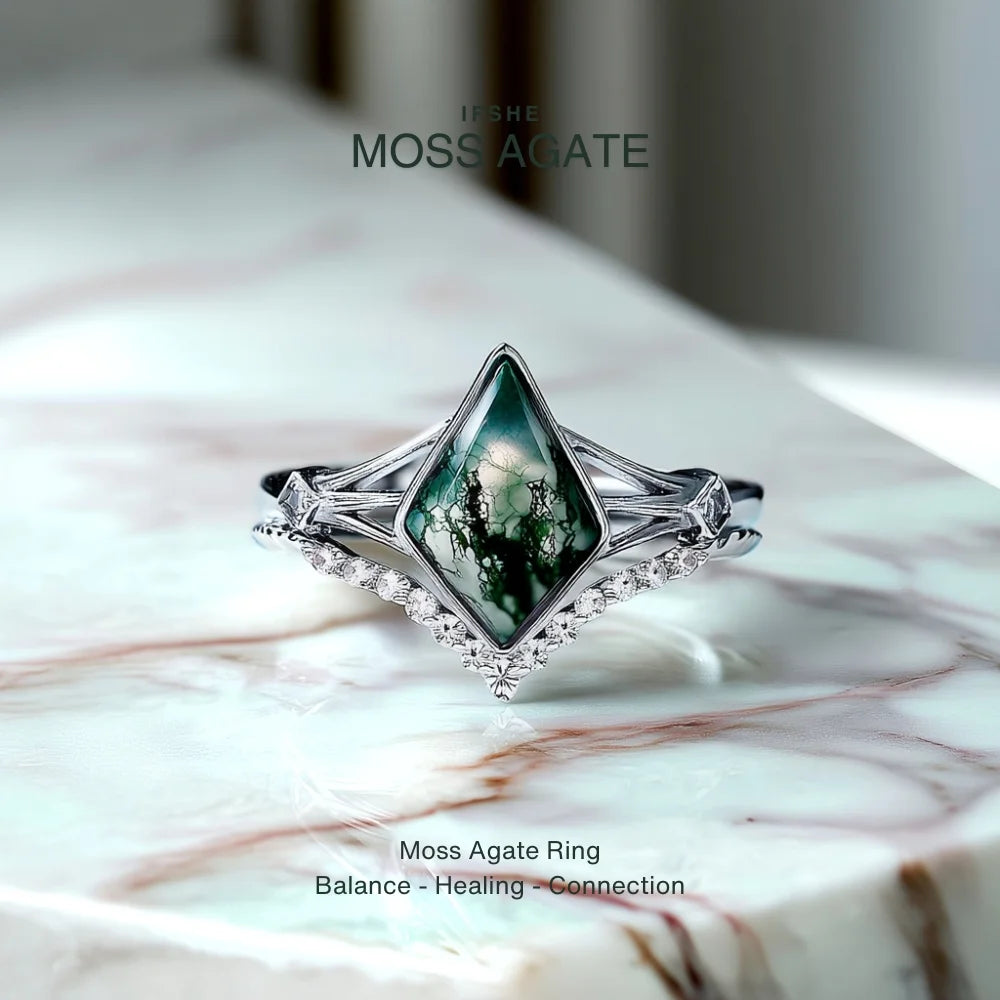 Kite Cut Moss Agate Ring Set in 925 Sterling Silver with White Gold Plating