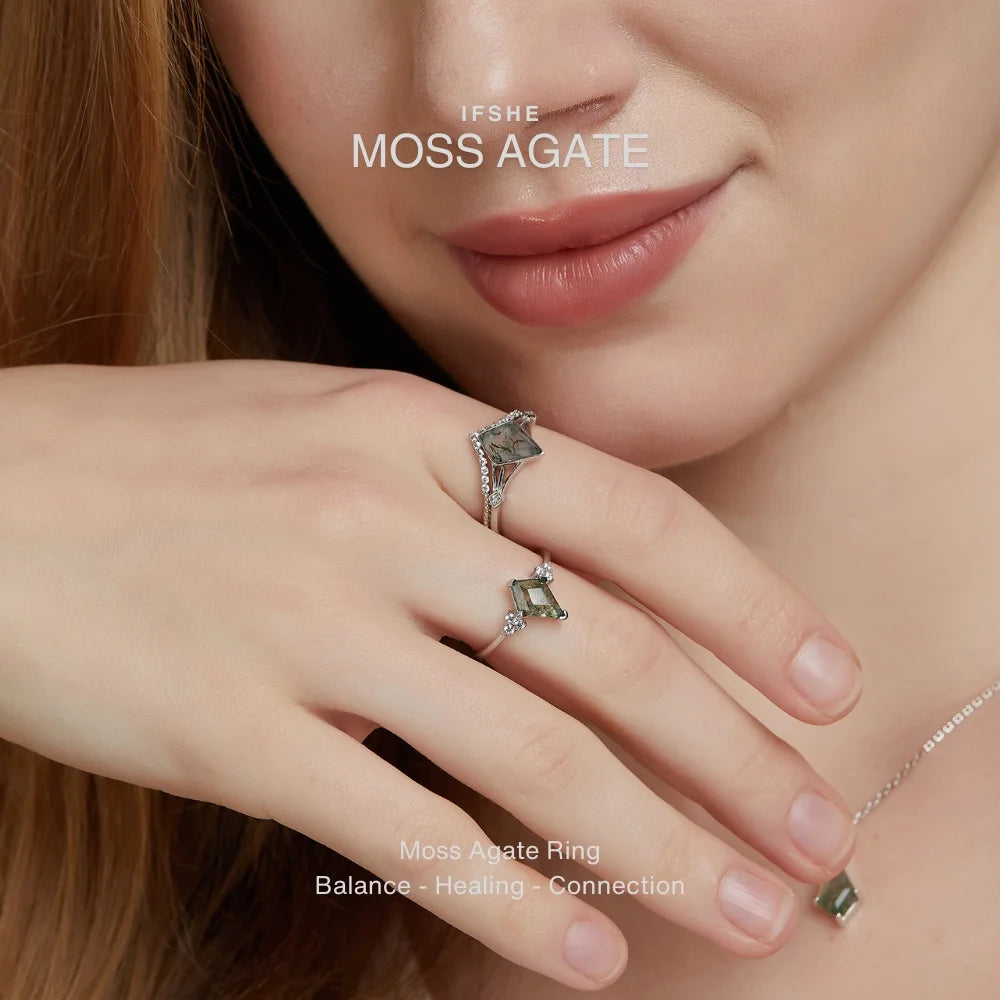 Kite Cut Moss Agate Ring Set in 925 Sterling Silver with White Gold Plating