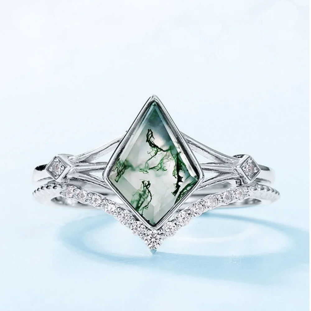 Kite Cut Moss Agate Ring Set in 925 Sterling Silver with White Gold Plating