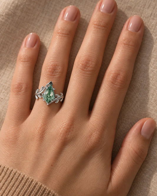 Kite-Cut Moss Agate Leaf Ring in Sterling Silver - worn on the hand