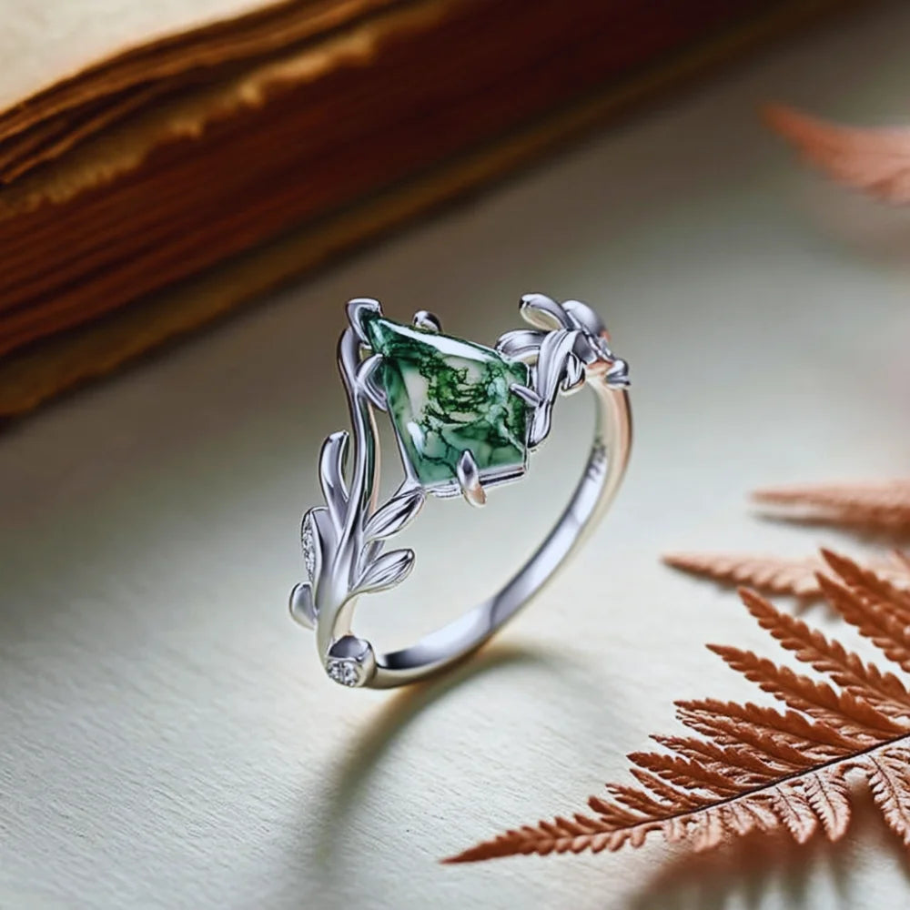 Kite Shaped Moss Agate Leaf Ring in Sterling Silver