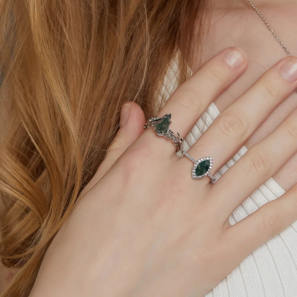 Kite Shaped Moss Agate Leaf Ring in Sterling Silver