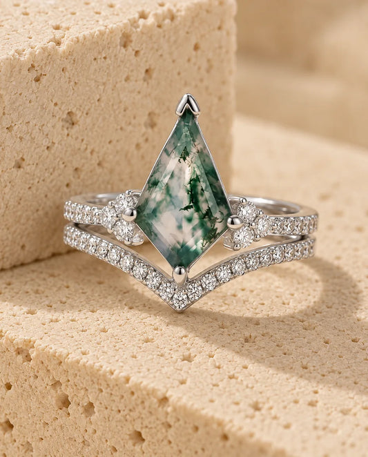 Kite-Cut Moss Agate Ring Set - the complete set