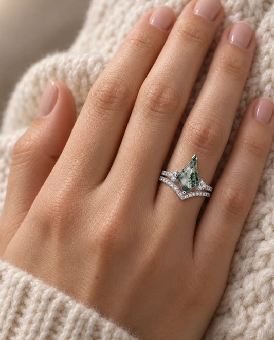 Kite-Cut Moss Agate Ring Set - worn on the hand