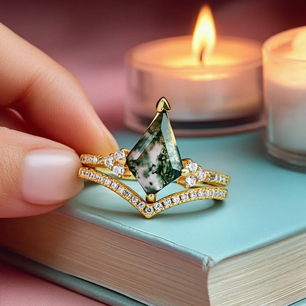 Kite-Shaped Moss Agate Ring Set