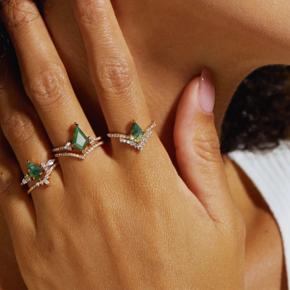 Kite-Shaped Moss Agate Ring Set