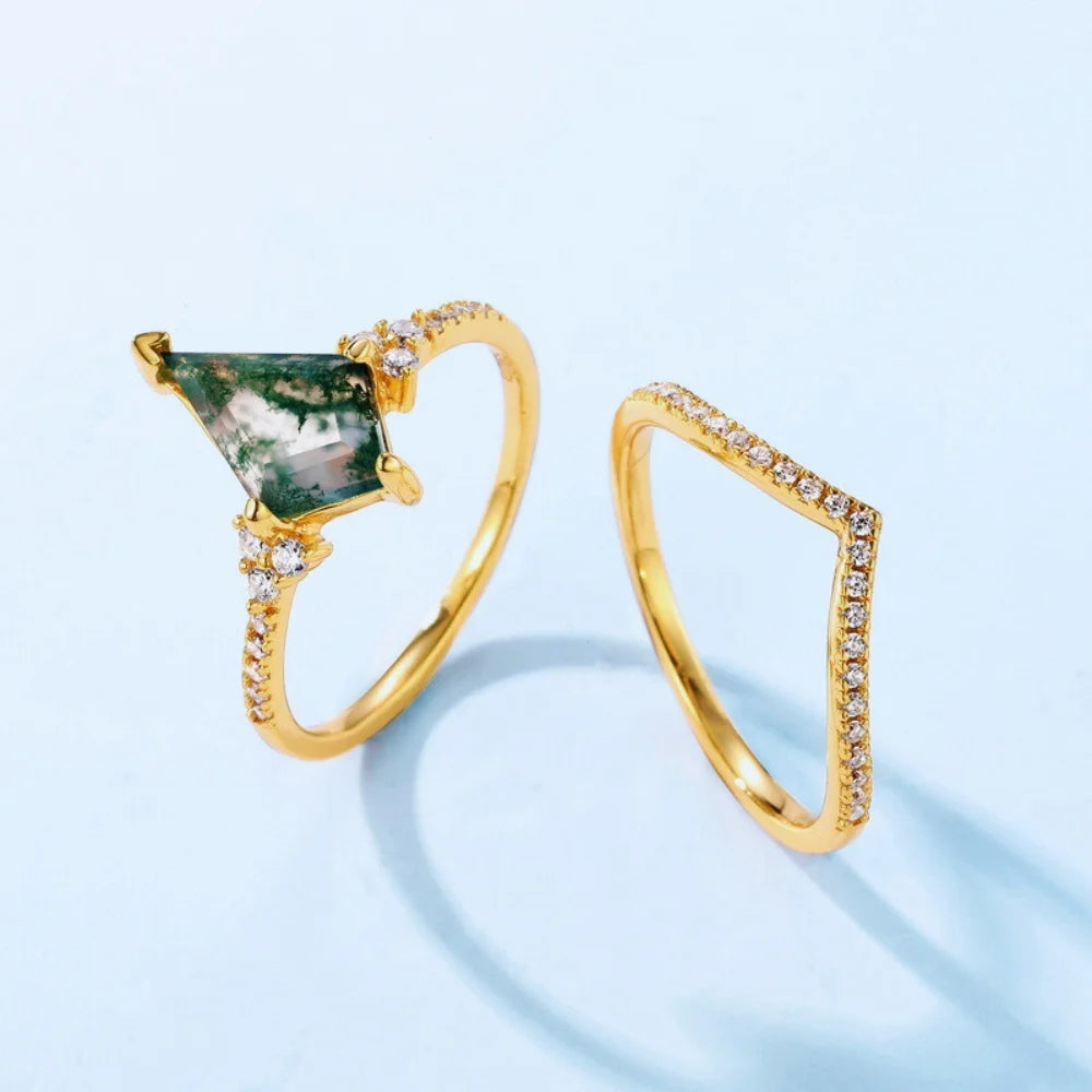 Kite-Shaped Moss Agate Ring Set