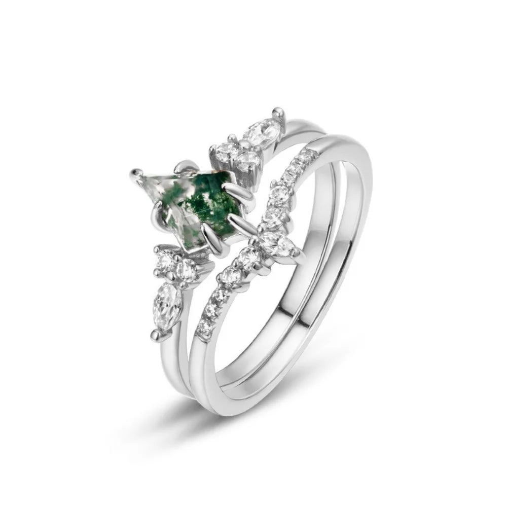 Kite Shaped Moss Agate Ring Set in 925 Sterling Silver