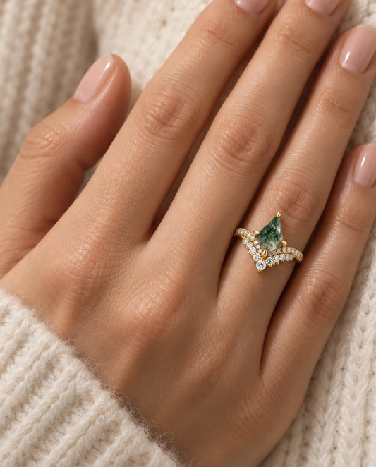 Kite Moss Agate Ring - worn on the hand