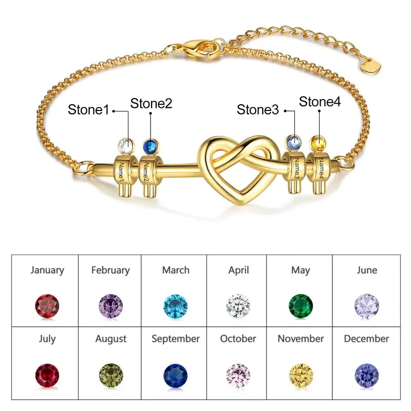 Knotted Heart Engraved Name Custom Birthstone Bracelet