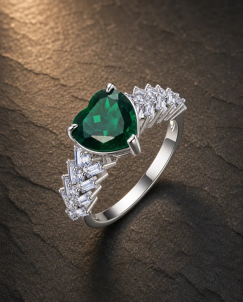 Lab emerald gemstone multi-angle ring in 925 sterling silver