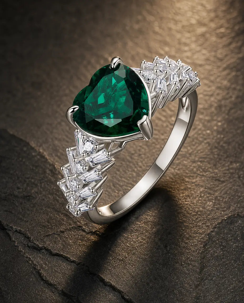 Lab emerald gemstone ring in 925 sterling silver