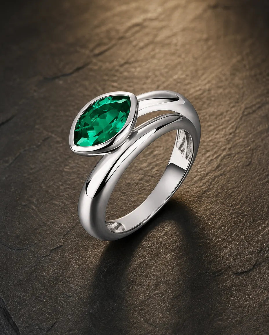 Lab emerald east-west marquise bezel statement ring in 925 sterling silver