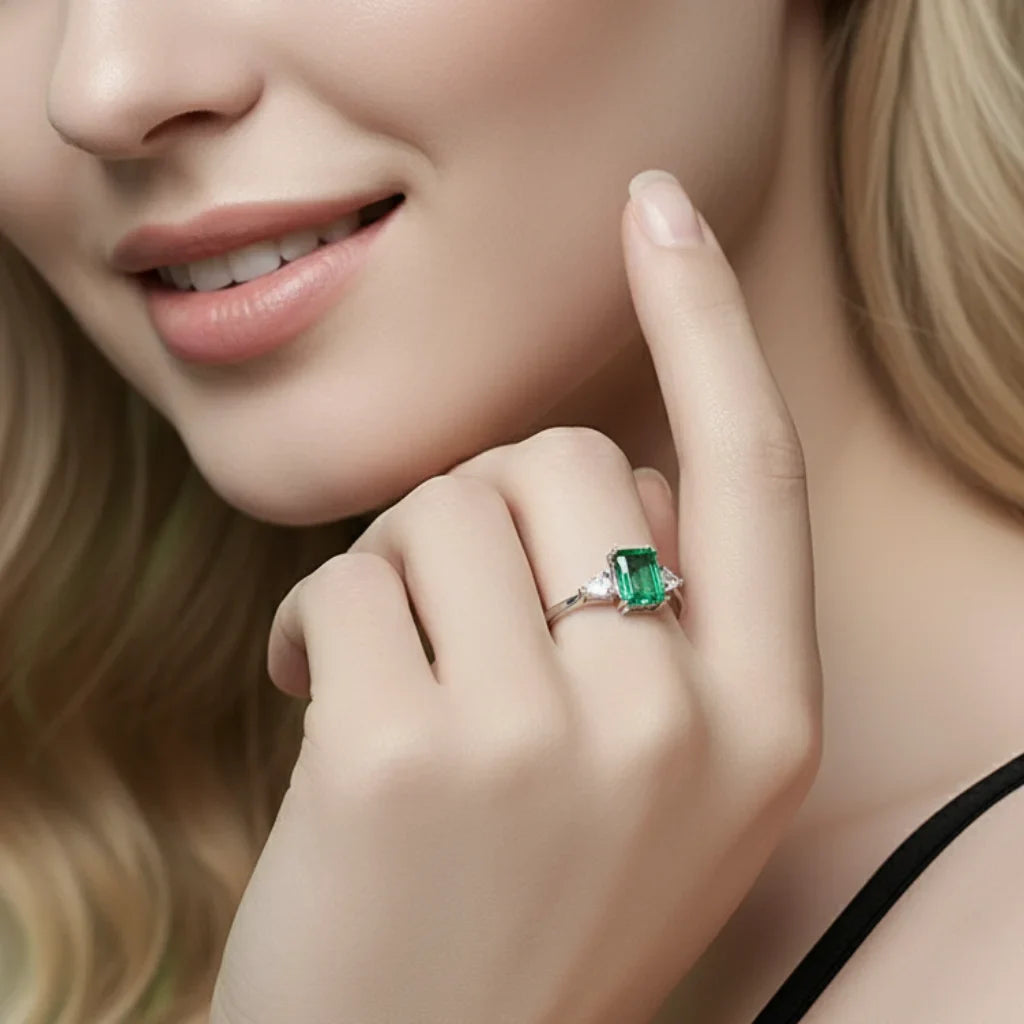 1.23ct Lab Emerald Octagon Cut Ring 925 Sterling Silver in White Gold Vermeil