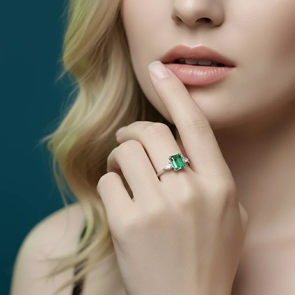 1.23ct Lab Emerald Octagon Cut Ring 925 Sterling Silver in White Gold Vermeil