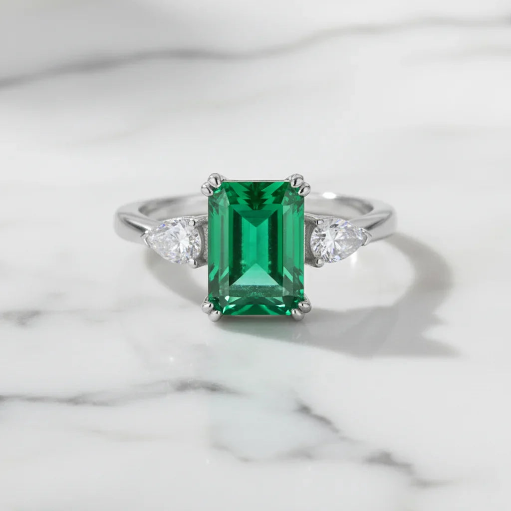 1.23ct Lab Emerald Octagon Cut Ring 925 Sterling Silver in White Gold Vermeil