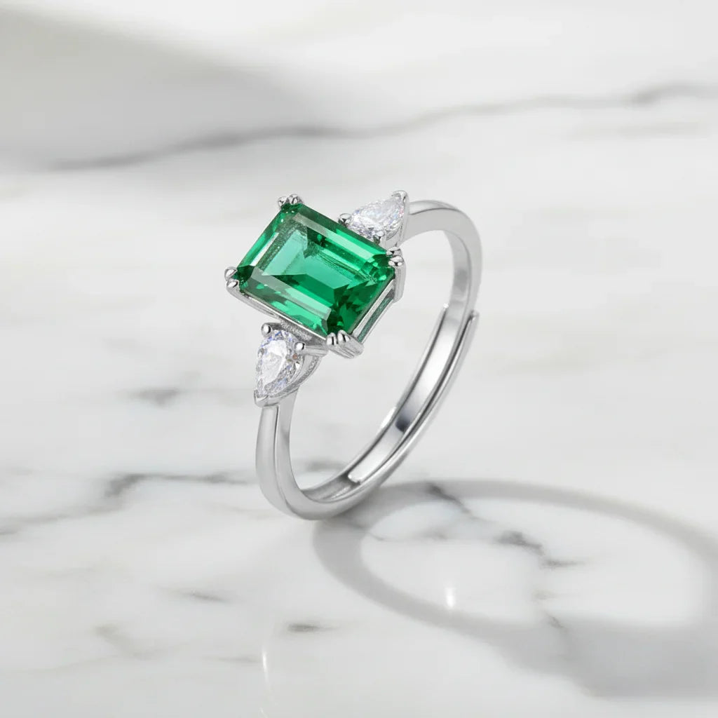 1.23ct Lab Emerald Octagon Cut Ring 925 Sterling Silver in White Gold Vermeil
