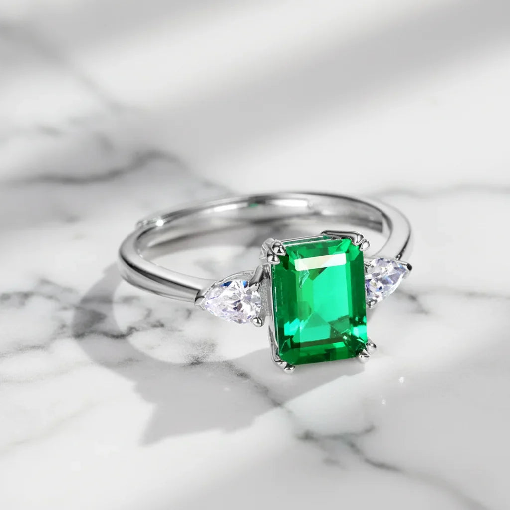 1.23ct Lab Emerald Octagon Cut Ring 925 Sterling Silver in White Gold Vermeil
