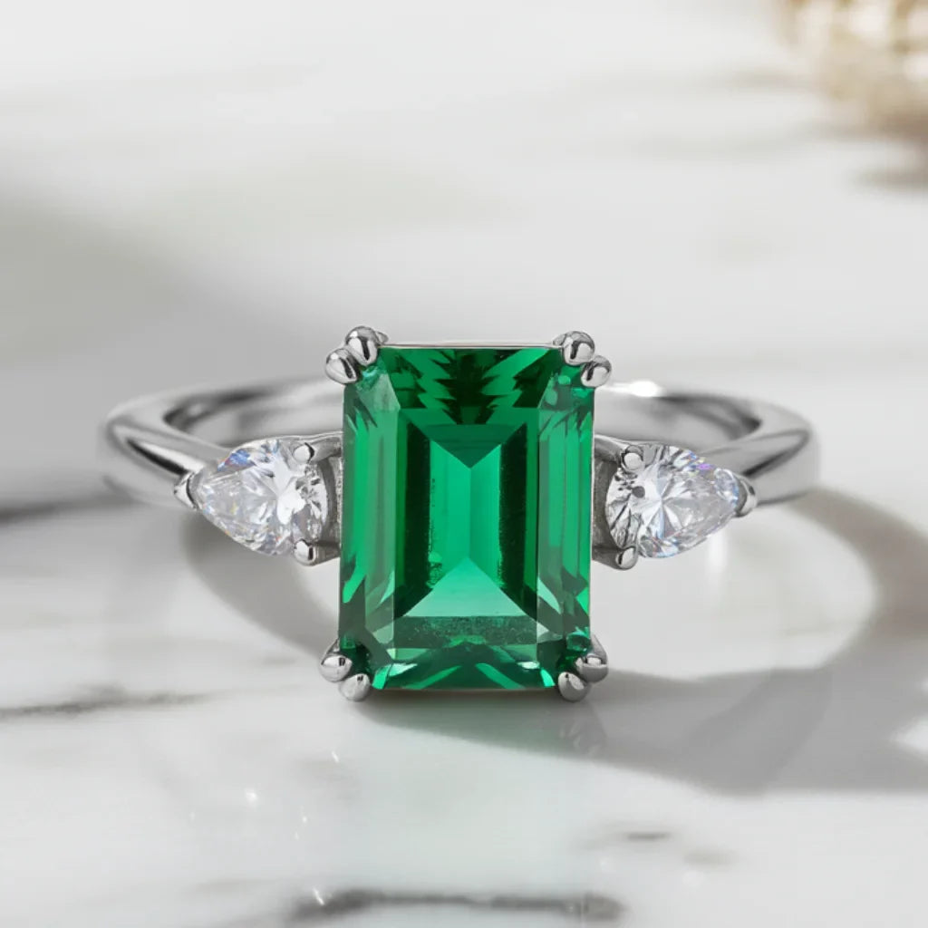 1.23ct Lab Emerald Octagon Cut Ring 925 Sterling Silver in White Gold Vermeil