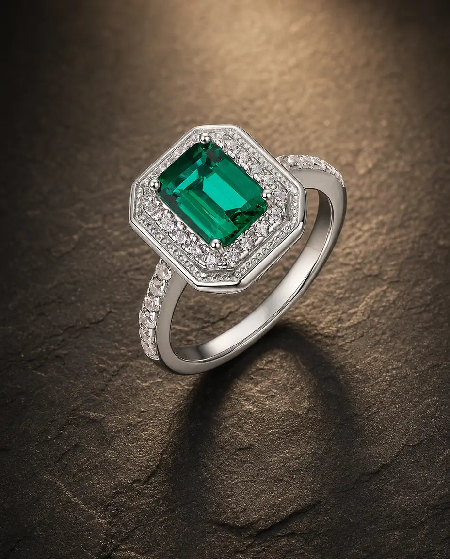Lab emerald gemstone ring in 925 sterling silver