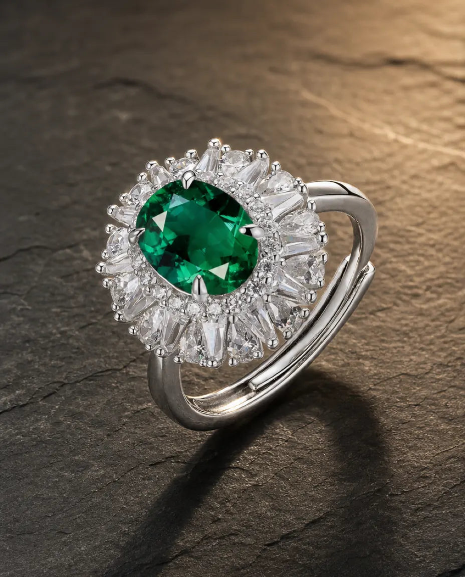 Lab emerald gemstone ring in 925 sterling silver