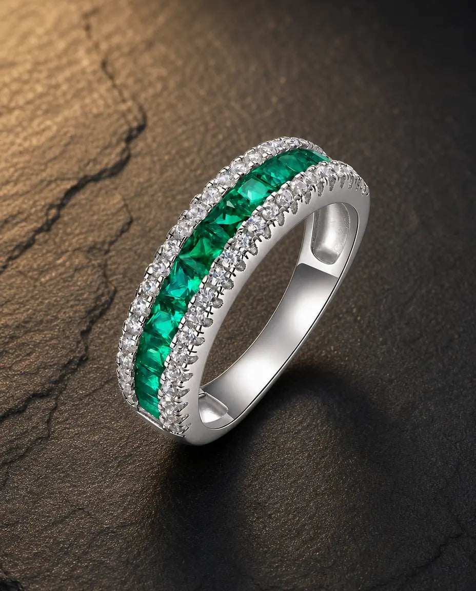 Lab emerald princess-cut pavé eternity ring in 925 sterling silver