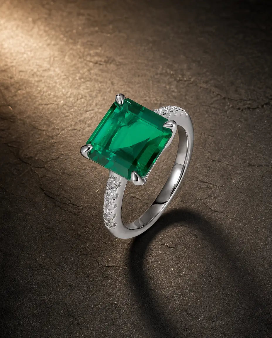 Lab emerald gemstone ring in 925 sterling silver
