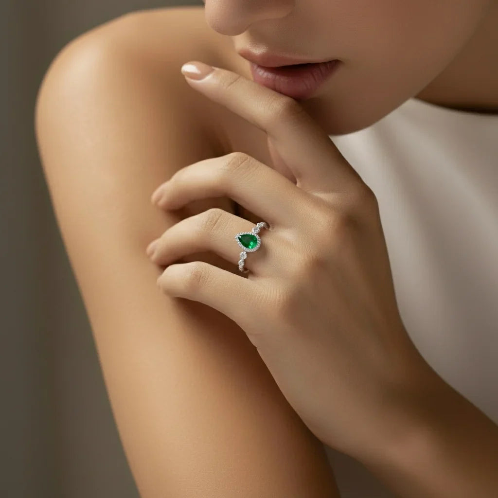 Lab Grown Pear Cut Emerald Engagement Ring for Women 925 Sterling Silver