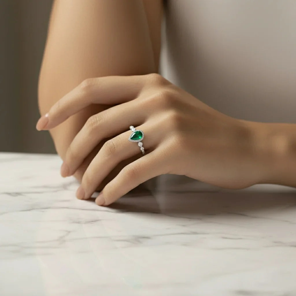 Lab Grown Pear Cut Emerald Engagement Ring for Women 925 Sterling Silver