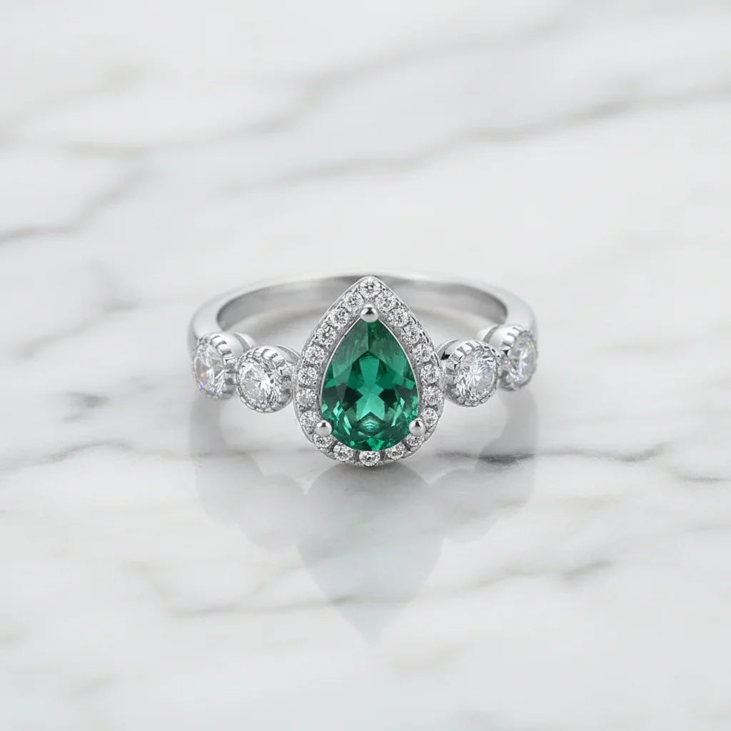 Lab Grown Pear Cut Emerald Engagement Ring for Women 925 Sterling Silver