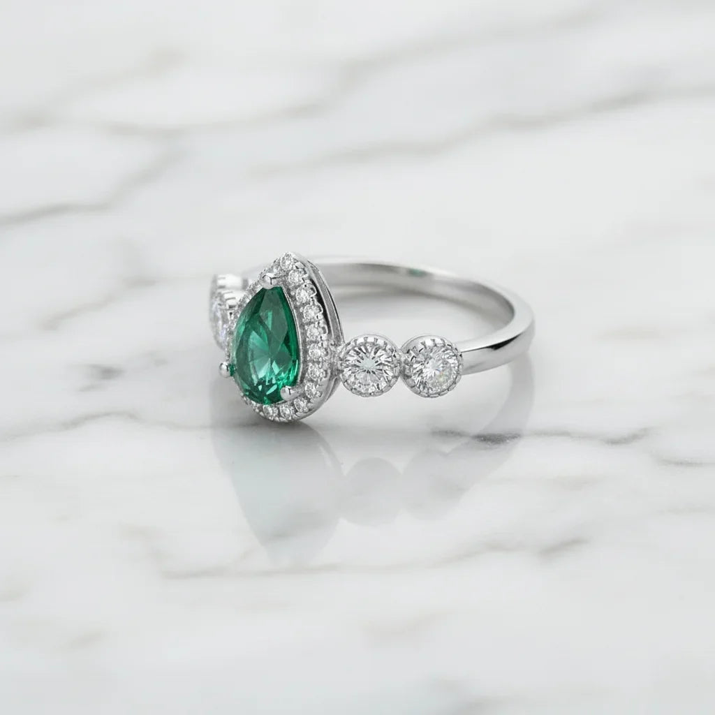 Lab Grown Pear Cut Emerald Engagement Ring for Women 925 Sterling Silver