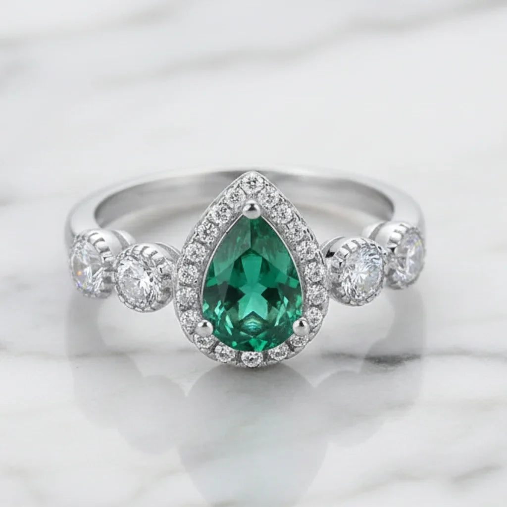 Lab Grown Pear Cut Emerald Engagement Ring for Women 925 Sterling Silver