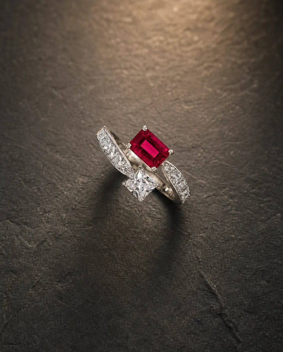 Lab ruby gemstone multi-angle ring in 925 sterling silver