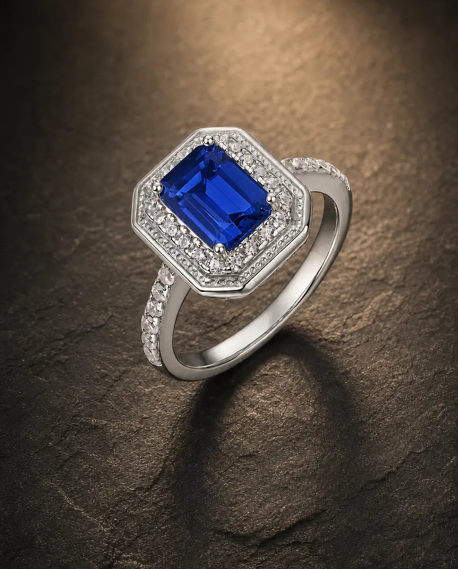 Lab sapphire gemstone ring in 925 sterling silver