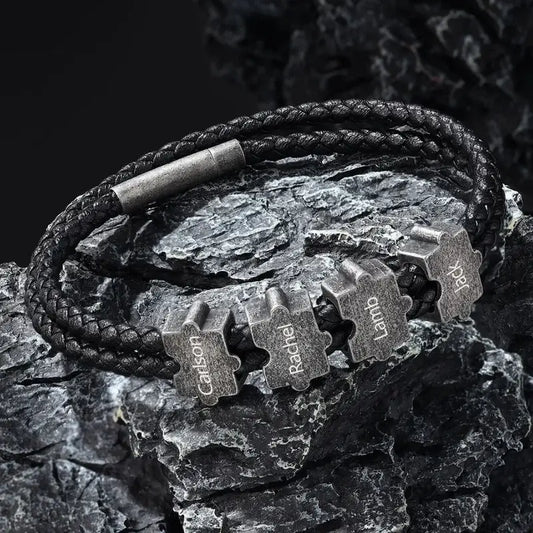 Men's Leather Bracelet – Personalized Puzzle Beads, Stainless Steel – Gift for Him, Dad, Boyfriend – Birthday, Anniversary