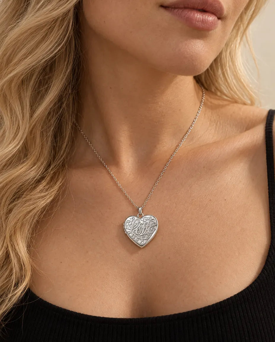 Personalized Photo Locket Necklace That Holds 2 Pictures - Love Script Heart Locket With Mother of Pearl Back worn on a model