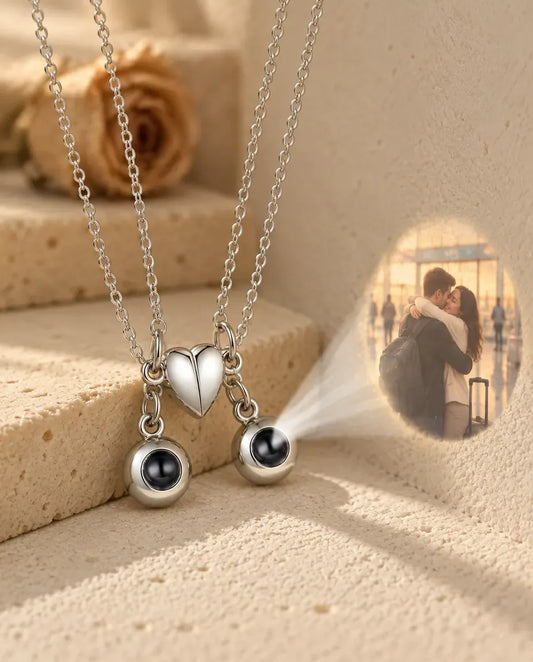 Personalized Photo Projection Couple Necklace Set of 2 - projecting the hidden photo onto a wall