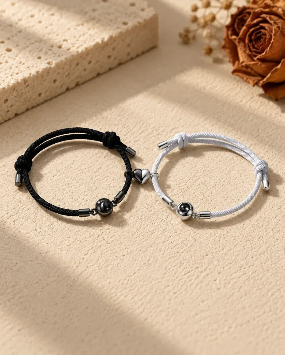 Photo Projection Bracelets for Couples - matching pair laid flat